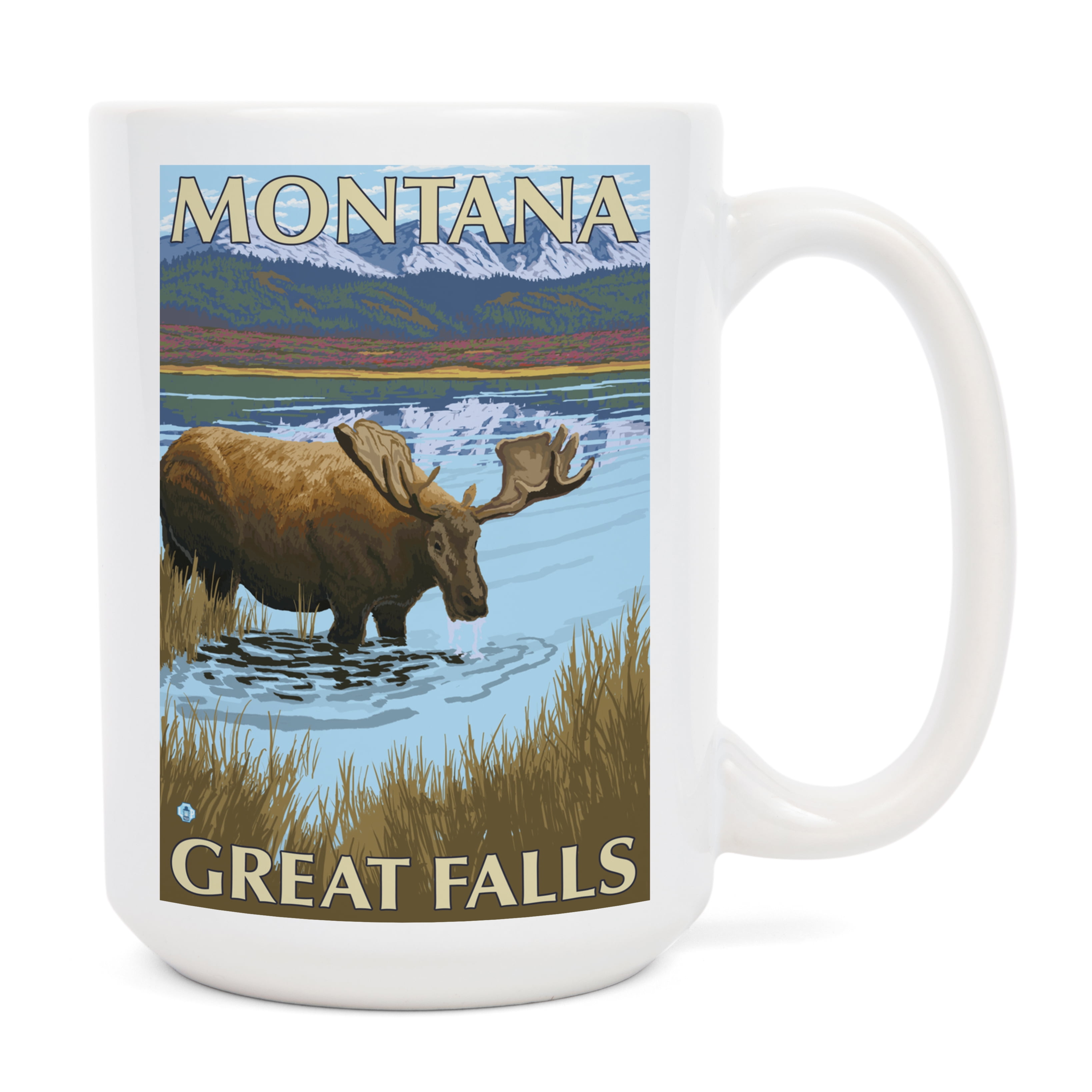 15 fl oz Ceramic Mug, Great Falls, Montana, Moose Drinking, Dishwasher