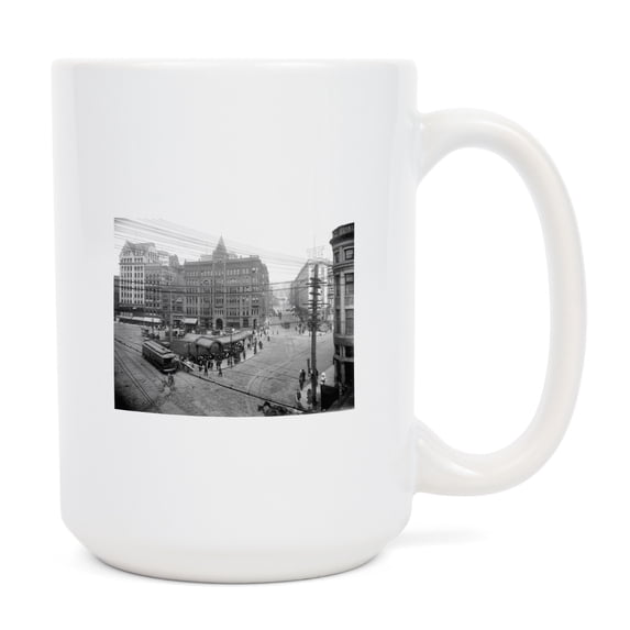 15 fl oz Ceramic Mug, Seattle, Washington, Pioneer Square Panoramic View, Vintage Photograph, Dishwasher & Microwave Safe