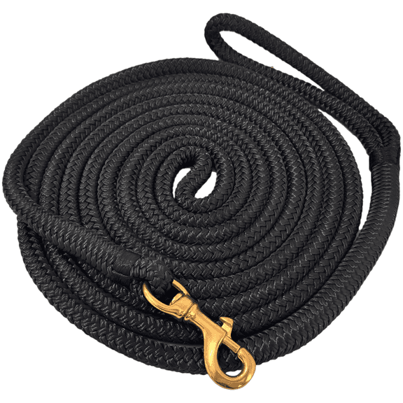 15 ft / 4.6 m Black Double Braided Nylon Horse Lead Rope, Equestrian Line with Brass Snap Hook, Comfortable Grip for Leading, Training, Tying, Walking Equines