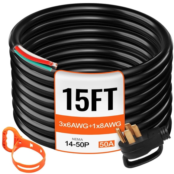 15 ft 50 Amp RV Generator Power Cord 6/3+8/1 AWG NEMA 14-50P to Bare Wire