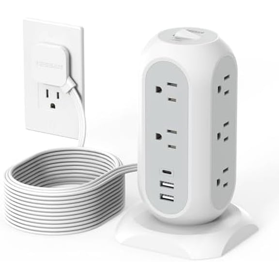 15 ft Extension Cord Tower Power Strip, 11 Outlets 3 USB(1 USB-C) Chargers,  Surge Protector with Multi Plug Outlet, 1050J Protection, Office Supplies, Desk Accessories, School Dorm Essential