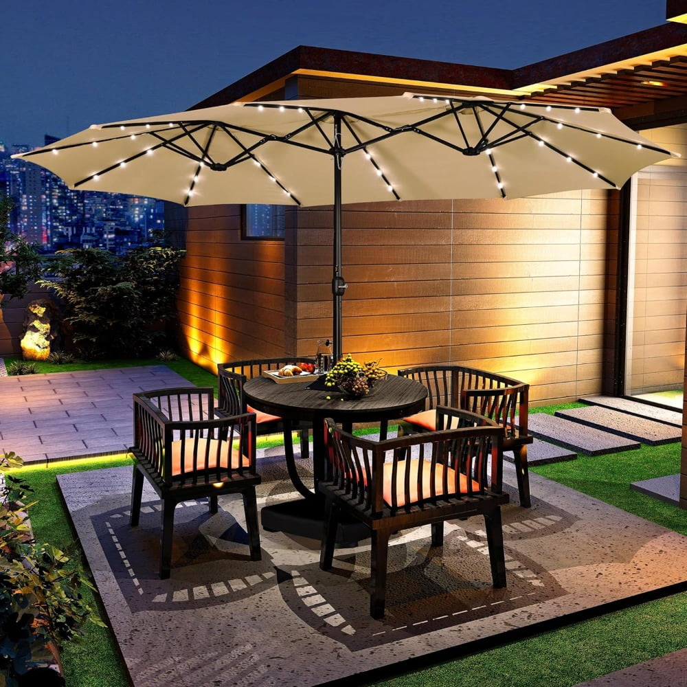 15 ft Large Patio Umbrella with Solar Lights Double-Sided Outdoor ...
