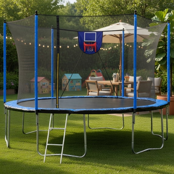 15 ft Round Outdoor Trampoline with Enclosed Safety Net, Basketball ...