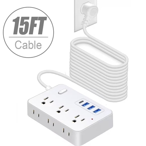 BOHASHIN 15 ft long Extension Cord,Power Strip Extension Cord for 6 Widely Spaced Outlets with 4 USB Fast Charge USB Charging Ports(White)