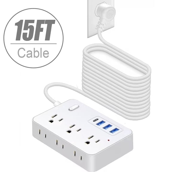 BOHASHIN 15 ft long Extension Cord,Power Strip Extension Cord for 6 Widely Spaced Outlets with 4 USB Fast Charge USB Charging Ports(White)