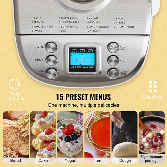 15-in-1 3LB Bread Maker Machine Nonstick Ceramic Pan Automatic Dough Machine with Gluten Free Setting Whole Wheat Bread Making Digital Programmable 3 Loaf Sizes 3 Crust Colors White