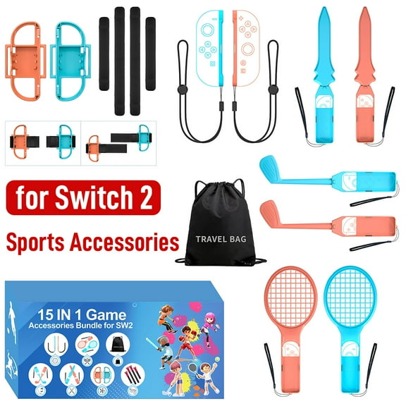 15 in 1 All In One Switch 2 Sports Accessories Bundle for Switch2 Game Kit with Tennis Rackets Golf Culbs JoyPad Grips Sword Leg Straps Travel Bag