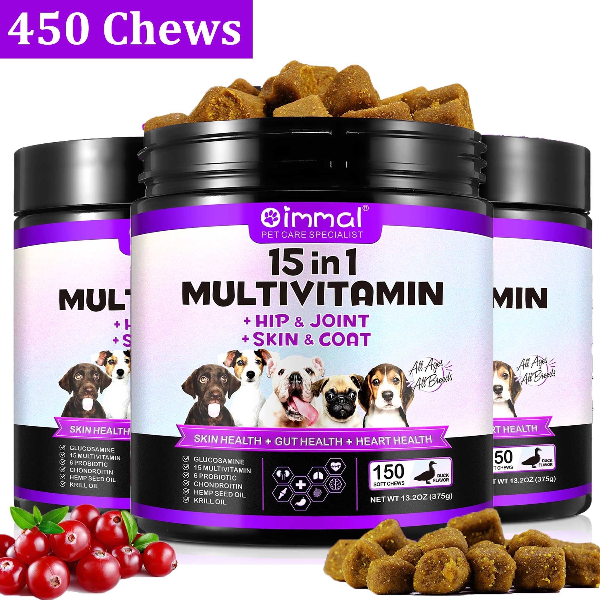 15-in-1 Dog Multivitamin Chews with Glucosamine & Probiotics,Daily Dog Health and Wellness Support, for Skin-Immunity-Gut Digestion-Joint-Heart,450 Counts,Duck Flavor