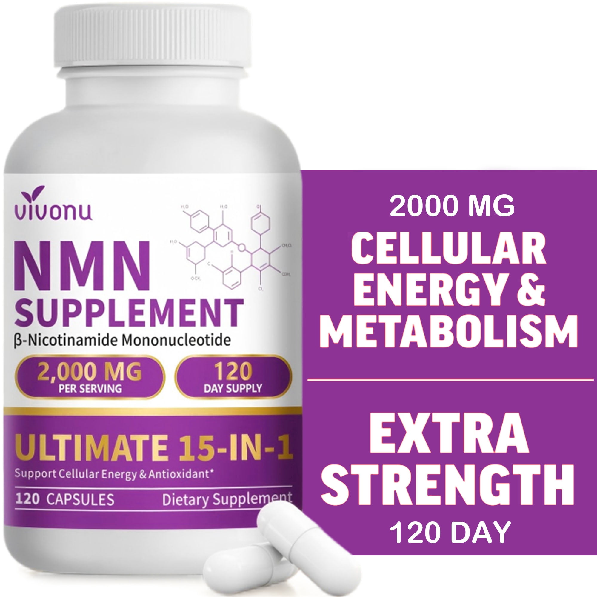 15-in-1 Liposomal NMN Supplement,2000mg per Serving,120 Day Supply,99% Pure,NAD+ NMNH Alternative with Nicotinamide Mononucleotide,Resveratrol,TMG,CoQ10,Quercetin & Glutathione,120 Capsules