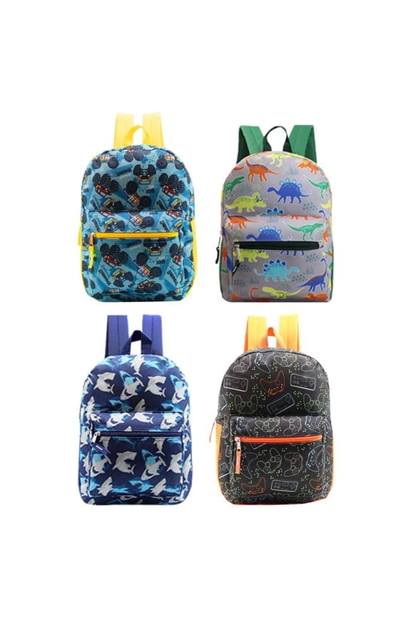15 in. 4 Assorted Prints Front Pouch Basic Backpacks - Pack of 24
