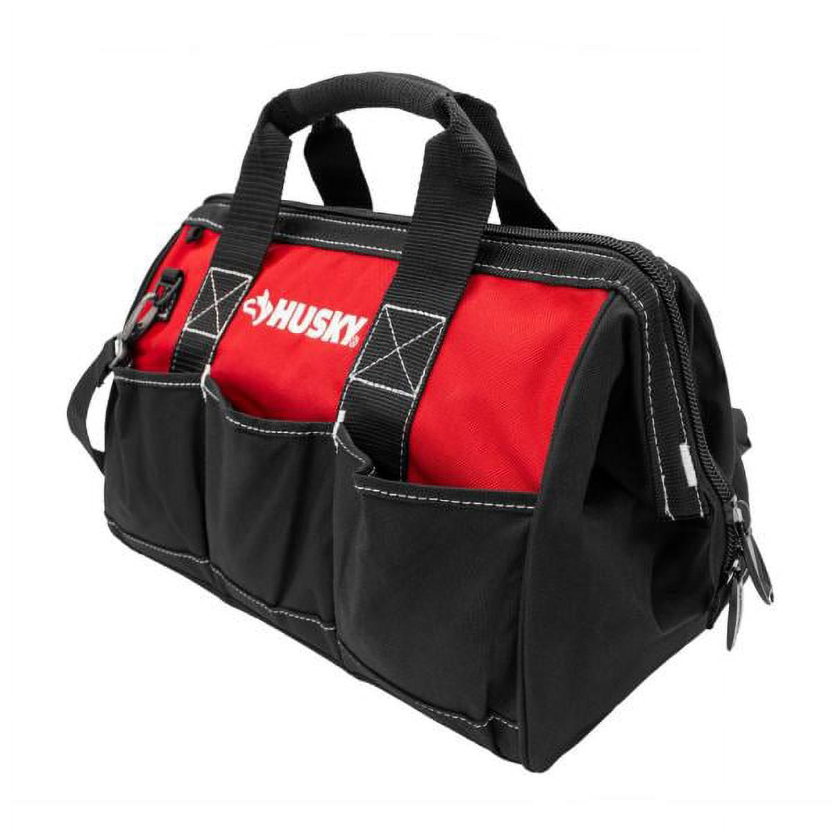 15" Red and Black Water Resistant Fabric Tool Bag with 8 Pockets
