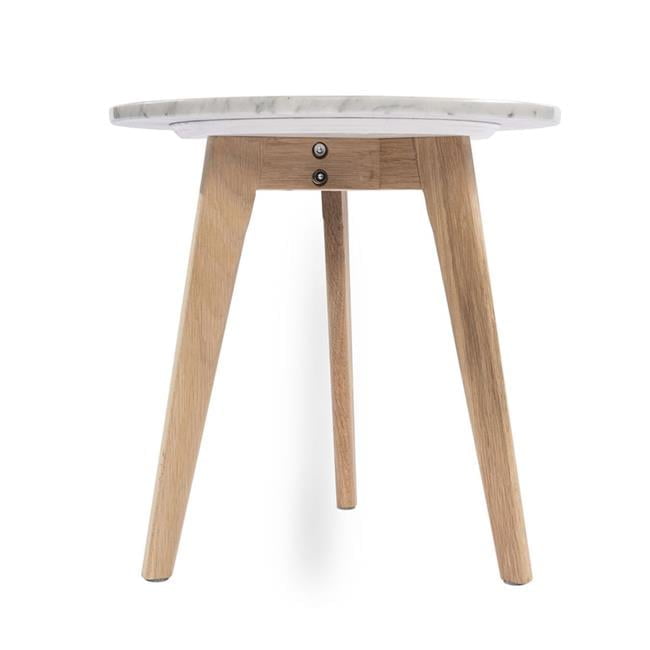 16" Round Italian Carrara White Marble End Table with Oak Finish