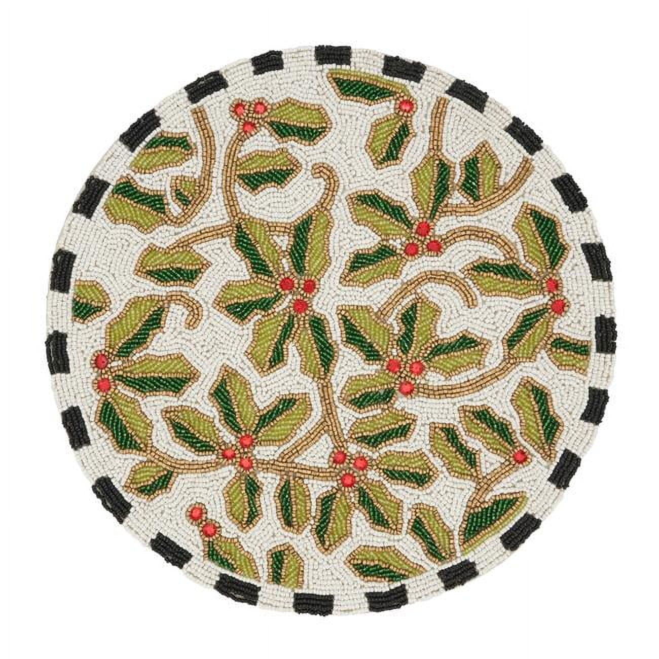 Festive Holly Leaves Beaded Round Placemats Set of 4