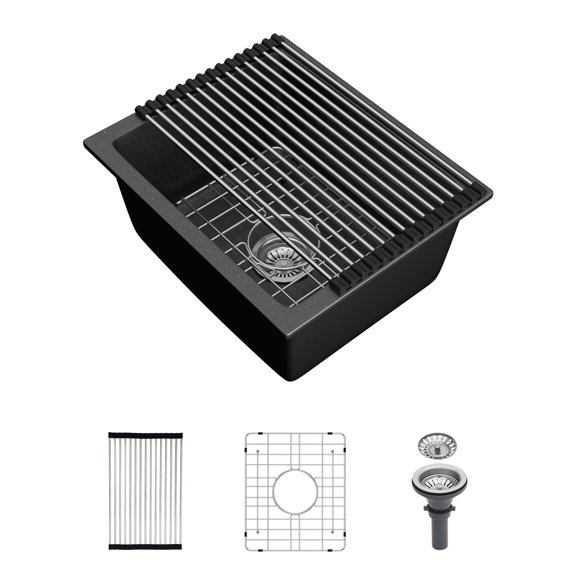 15 in. Quartz Composite Undermount Single Bowl Kitchen Bar Sink in Black with Bottom Grid and Drain Strainer