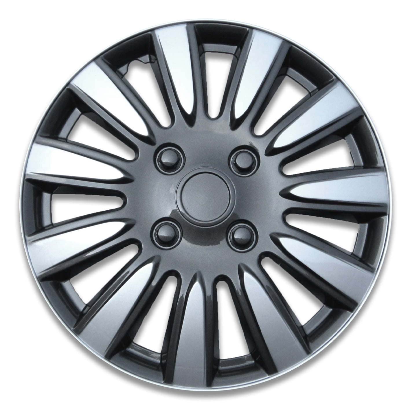 Auto Drive 15 Inch Silver and Charcoal Finish Hubcap Wheel Covers - Set of 4 - Fits Most Cars