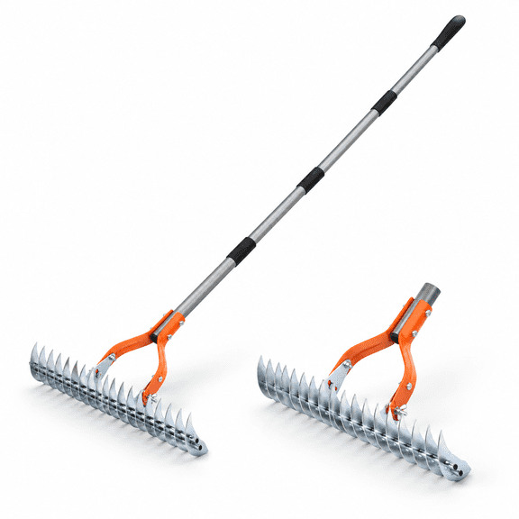 15-inch 19-tine Steel Dethatcher Rake with 70-inch Adjustable Handle