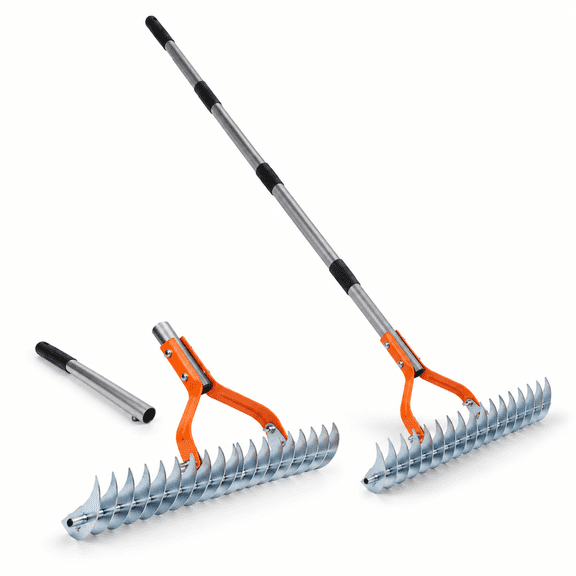 15-inch 19-tine Steel Dethatcher Rake with 70-inch Adjustable Handle