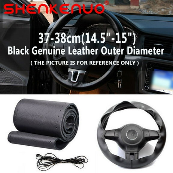 15 inch / 38CM Car Auto DIY Black Genuine Leather Steering Wheel Cover Wrap Sew-on Kit,C02