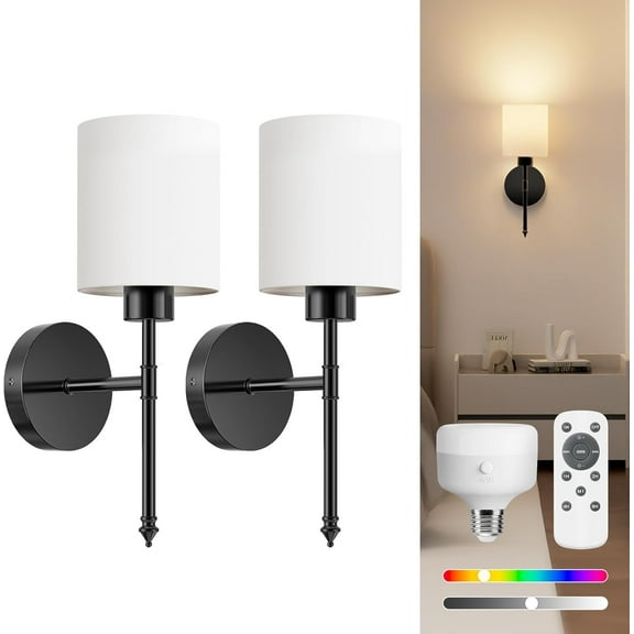 15 inch Battery Operated Wall Sconce Set of 2, Black Wireless Rechargeable Wall Lights with 5200mAh Dimmable Detachable Bulbs and Remote, 9 Colors Sconces Wall Decor for Bedroom Living Room