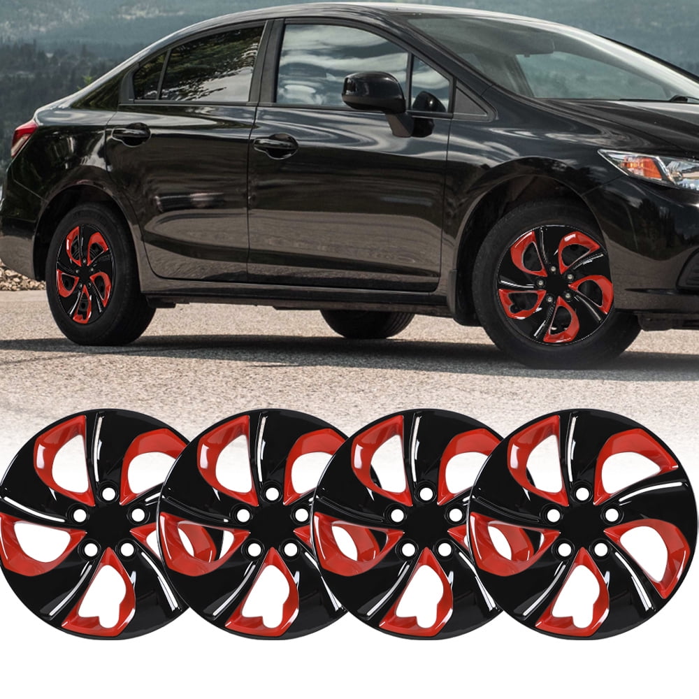 15 inch Hubcap Compatible with Honda Civic Sedan 2013-2015,Wheel Rim Cover Compatible with Honda Civic Coupe 2013,Steel Wheels Bolt on Installation,Set of 4,Black Lacquer & Red Lacquer