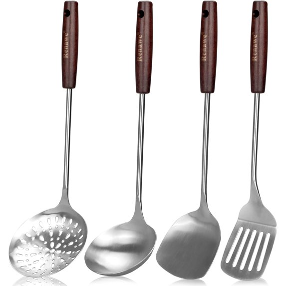 15 inch Large Spatula Slotted Turner Soup Ladle 304 Stainless Steel Wok Spatula Set Slotted Spoon for Cooking Utensils Set Long Wooden Handle Ladles Kitchen Metal Spatulas Cooking Spoons
