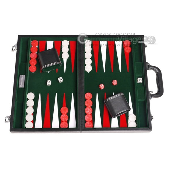 15-inch Leatherette Backgammon Set - Inlaid Velvet Field - Black/Green