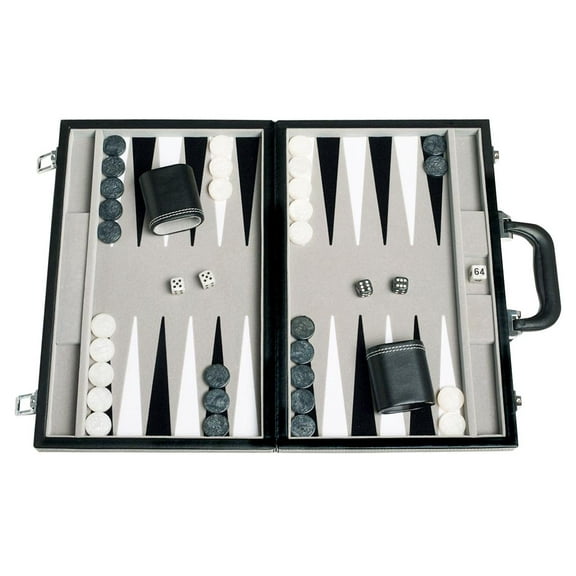 15-inch Leatherette Backgammon Set - Inlaid Velvet Field - Black/Grey