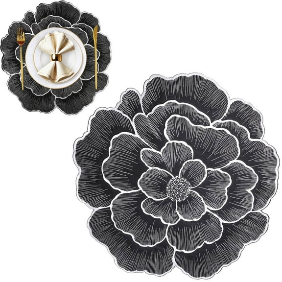 15 inch Round Pressed Rose Placemat, Black Vinyl Metallic Placemats, Washable Heat Resistant Circle Table Mat, Non Slip Table Placemats Coasters for Kitchen Table Centerpieces for Dining Wedding