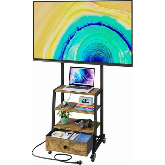 Rolling TV Stand with Wheels and Mount & Fabric Drawer - Entertainment Center with Power Outlet