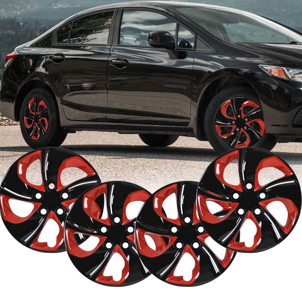 15 inch Set of 4 Hubcaps for Honda Civic Sedan 2013-2015,Wheel Rim Cover for Honda Civic Coupe 2013,Only Fit Iron Hub - Steel Wheel,Bolt on Installation,Black Lacquer & Red Lacquer