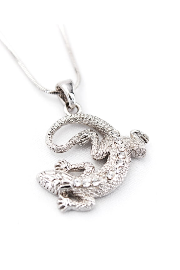 15-inch Silver-Tone Sparkling Lizard Pendant Necklace  Textured Rhinestone Gecko Jewelry-NE-N5019CL-WM