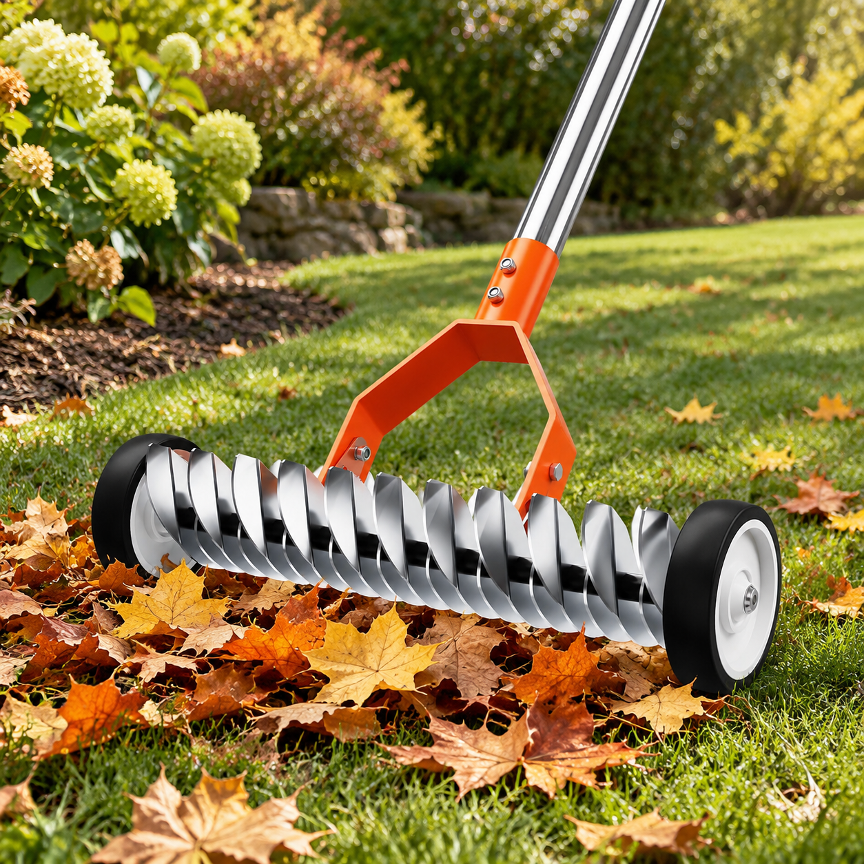 15-inch Thatch Rake with Rollers, Heavy-Duty Steel Dethatcher for Lawn ...