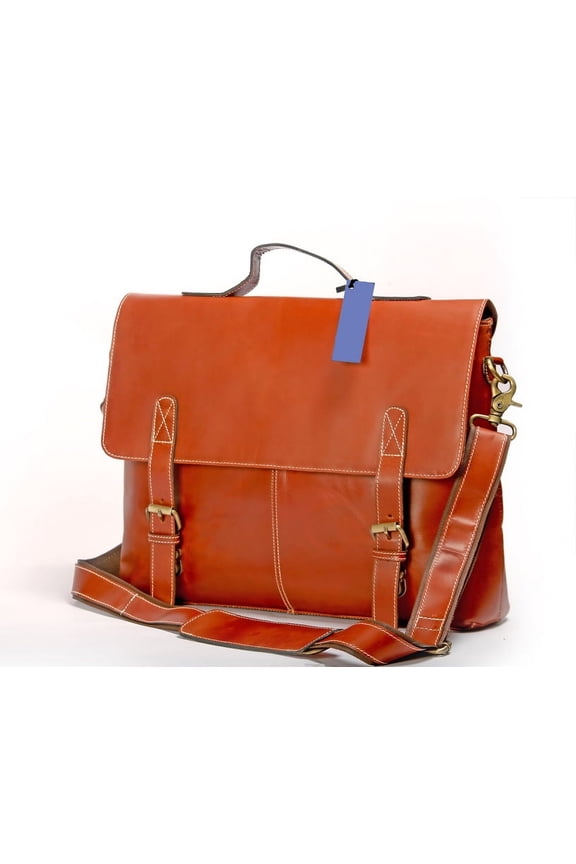 15 inch genuine leather briefcase bag - Handmade crossbody laptop satchel (Orange )