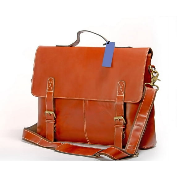 15 inch genuine leather briefcase bag - Handmade crossbody laptop satchel (Orange )