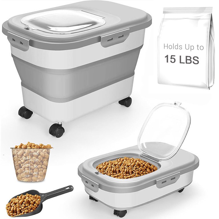 15 lb Dog Food Storage Containers with Wheels and Lids Collapsible Pet Cat Food Storage Bin 20 lb Airtight Rice Cereal Storage Bucket with Measuring