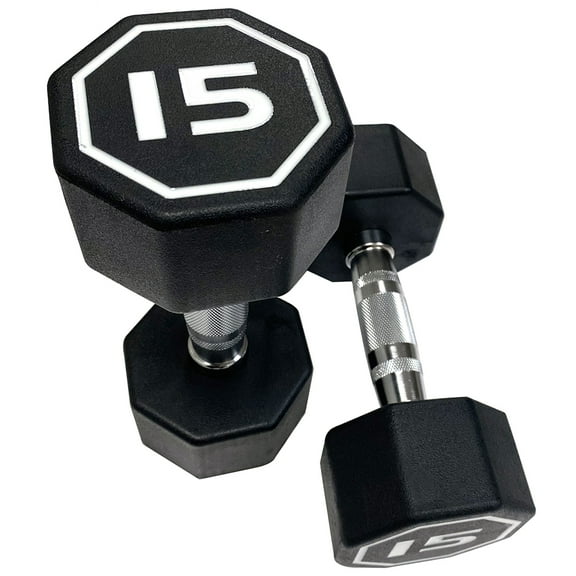 15 lbs Set of 2 Premium Octagonal Dumbbells - Large Numbers, Hard Chrome Plated Handle, Push-Up Assist for Home & Gym