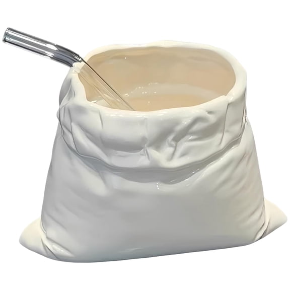 15 oz (450 mL) Ceramic Mug, Handcrafted Cup, Irregular Cream White Lucky Bag Shape, Coffee Mug with Glass Straw, Distinctive Design for Home Office Cafe Thai Tea