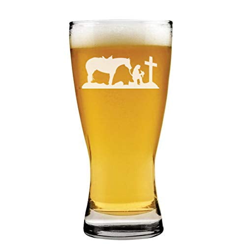 15 oz Beer Pilsner Glass Cowgirl Praying Cross Horse