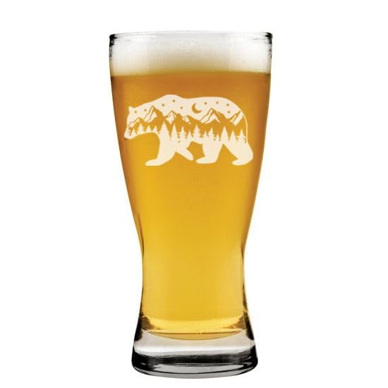15 oz Beer Pilsner Glass Gift Bear Mountains Forest Cabin