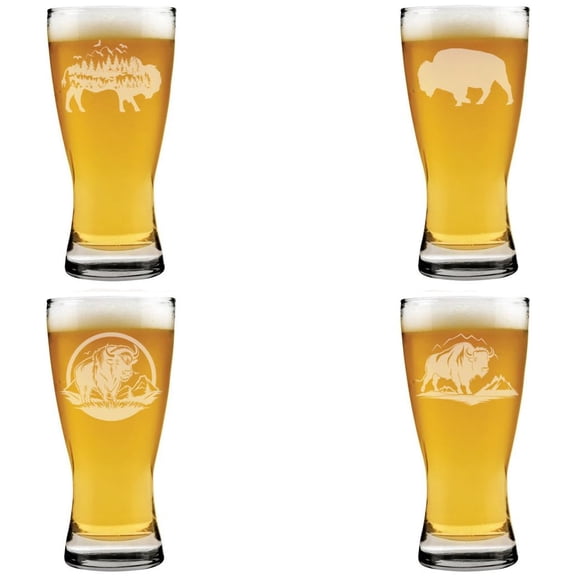 15 oz Beer Pilsner Glass Gift Set of 4 Buffalo Bison Collection
