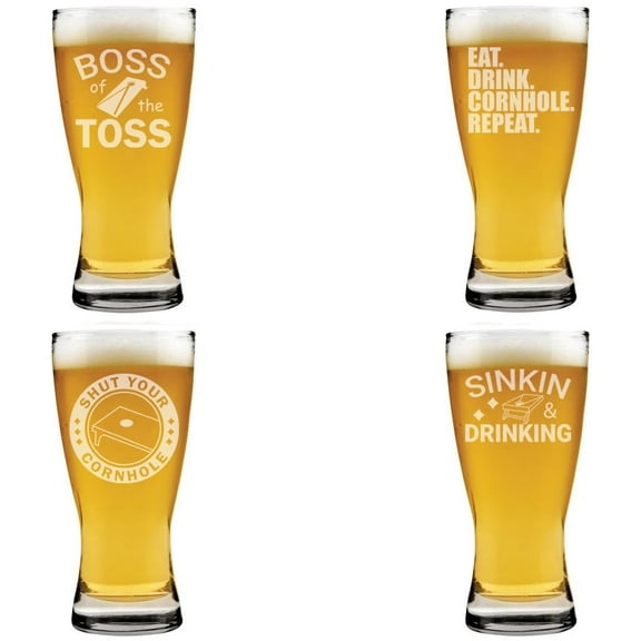 15 oz Beer Pilsner Glass Gift Set of 4 Cornhole Collection