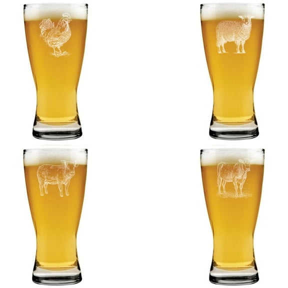 15 oz Beer Pilsner Glass Gift Set of 4 Farm Animals Collection