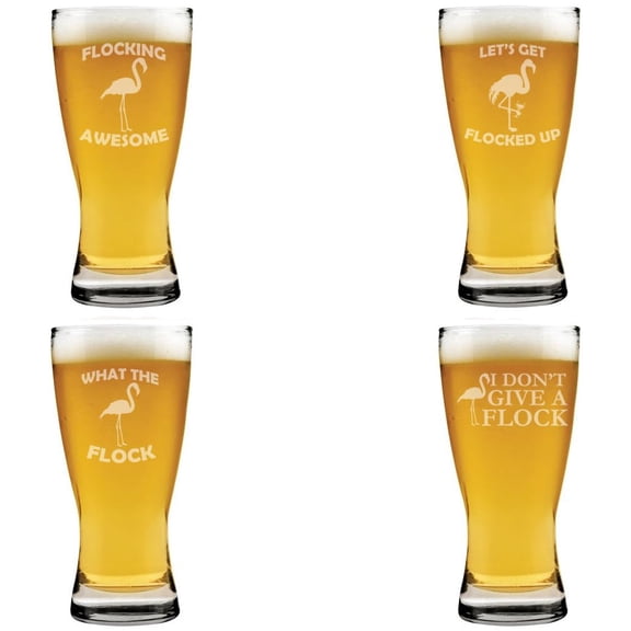 15 oz Beer Pilsner Glass Gift Set of 4 Funny Flamingo Collection