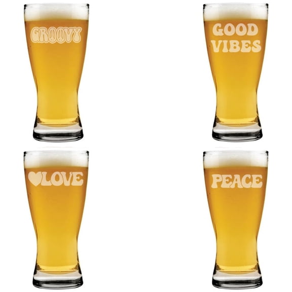 15 oz Beer Pilsner Glass Gift Set of 4 Hippie Peace Love Collection