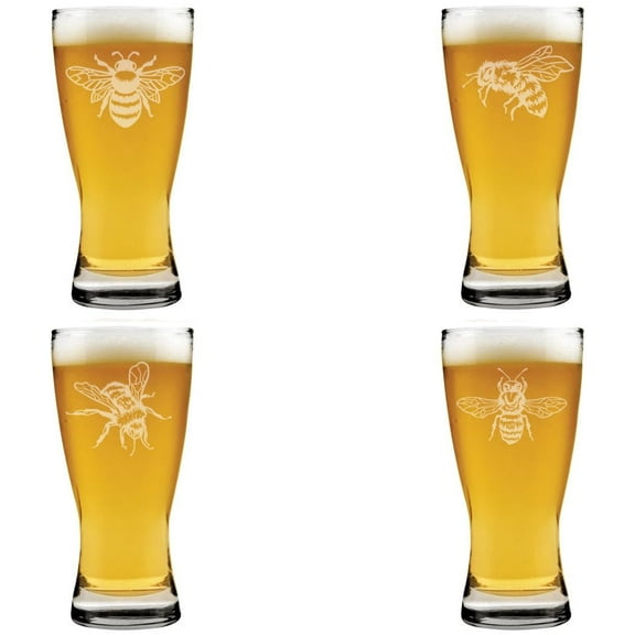 15 oz Beer Pilsner Glass Gift Set of 4 Honey Bee Collection
