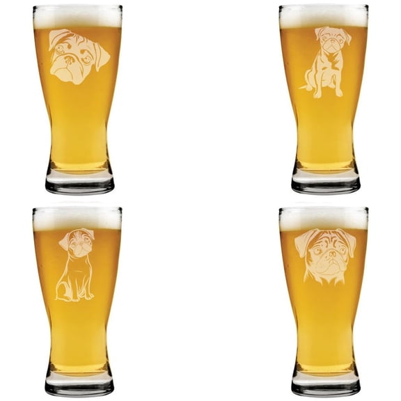 15 oz Beer Pilsner Glass Gift Set of 4 Pug Collection
