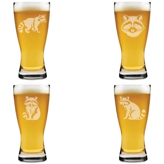 15 oz Beer Pilsner Glass Gift Set of 4 Raccoon Collection