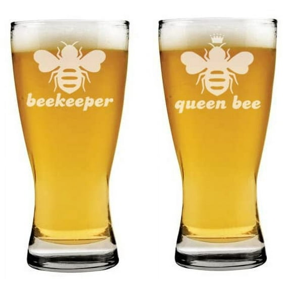 15 oz Beer Pilsner Glass Set of 2 Queen Bee Beekeeper Funny Couple His and Her, Bride and Groom, Wedding, Engagement, Anniversary, Bridal Shower