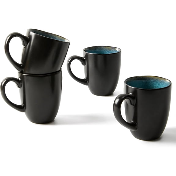 15 oz Ceramic Coffee Mug Set of 4 Reactive Glaze Irregular Shape Dishwasher and Microwave Safe Green Black