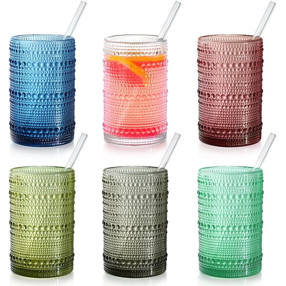 15 oz Colored Hobnail Drinking Glasses with Straws,Vintage Glassware Set of 6,Embossed Highball Cups Textured Glass Cups for Kitchen,Beer,Juice,Cocktail,Whiskey, Milk